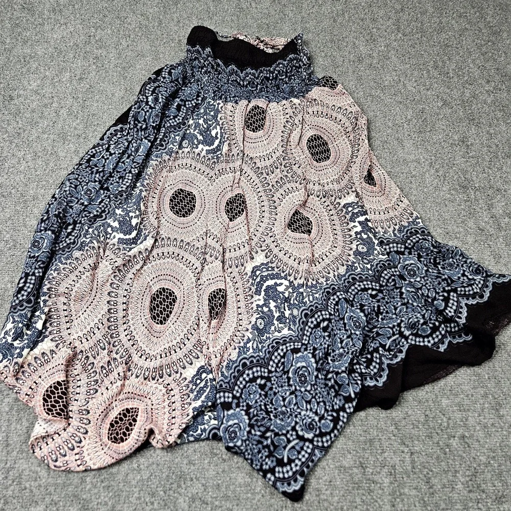 Boho Midi Skirt Size 23 Blue Pink Mandala Handkerchief Flowy‎ Festival Geometric